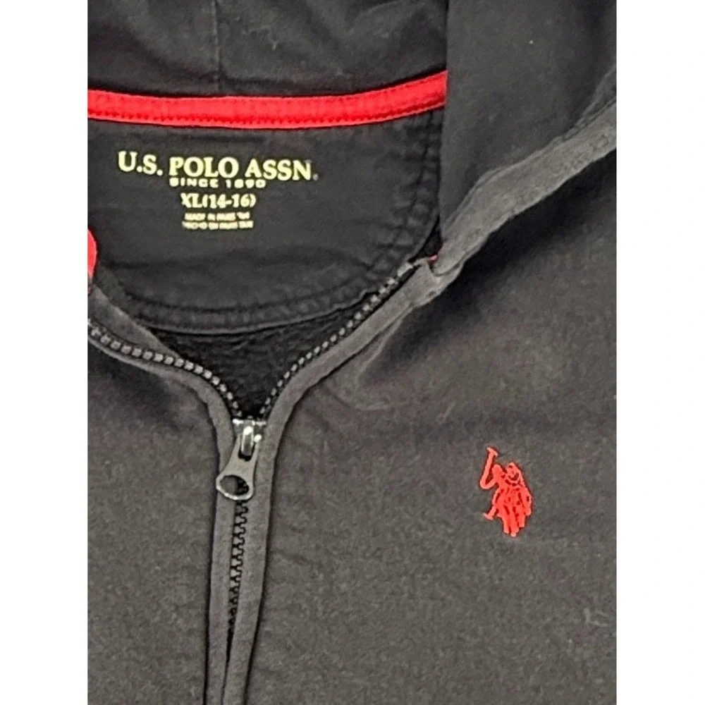 US Polo Assn Hoodie Youth XL Black Full Zip Sweatshirt Red Logo Fleece‎ Jacket